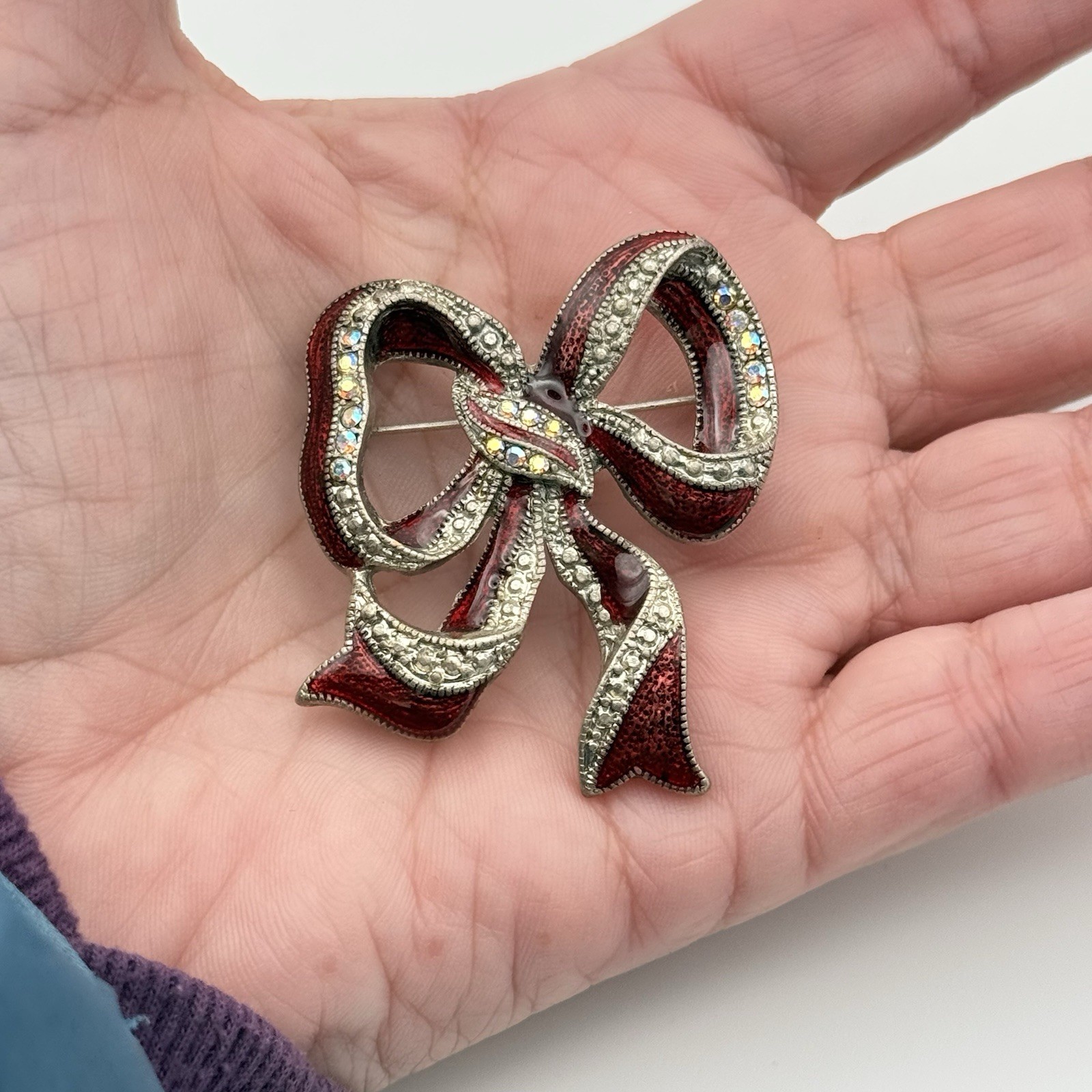 Bow Brooch Red Enamel Aurora Borealis Rhinestone Silver Tone Ribbon Pin 0032