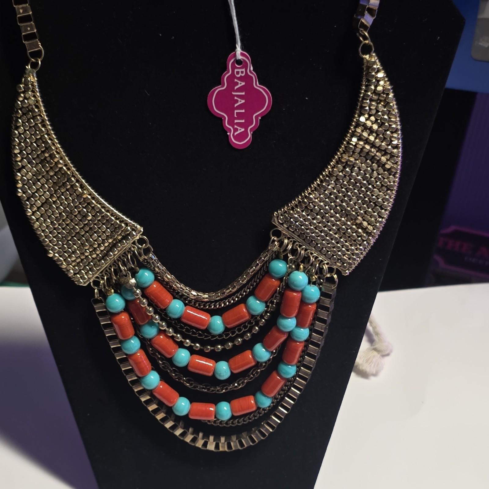BAJALIA Bib Statement Beaded Necklace Gold Tone Turquoise/Orange