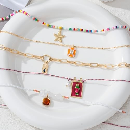Pendant Necklace Set Bohemian Style Beaded Fish Star 5 Layered Collarbone Chain,