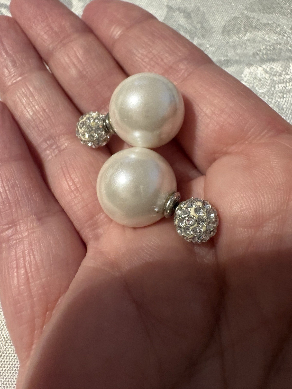 925 Sterling Silver Large Pearl & Pave Crystal Ball Stud Earrings
