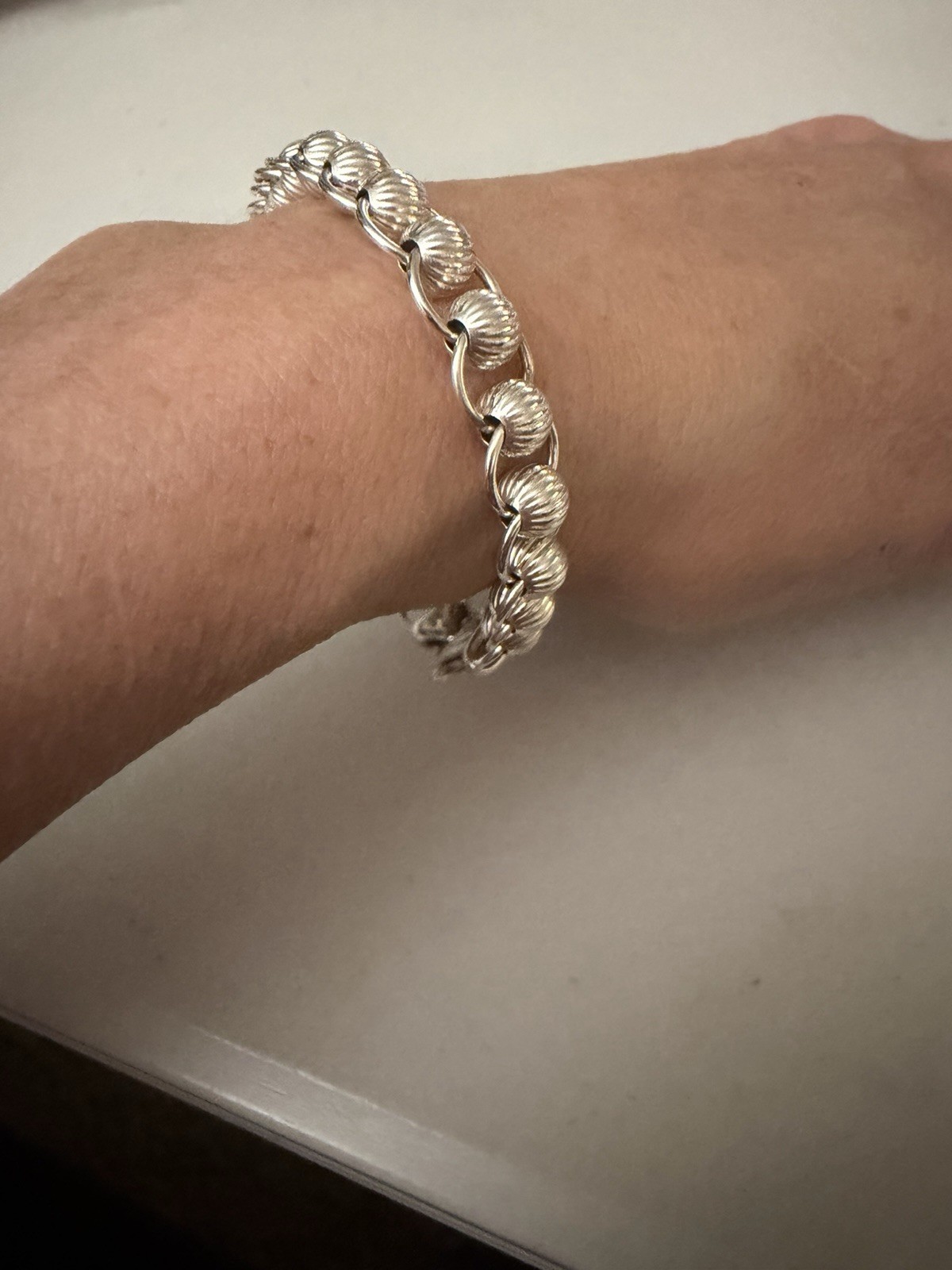 Sterling Silver 925 Ridged Ball Bead Link Bracelet 6.5 Inches Lobster Claw