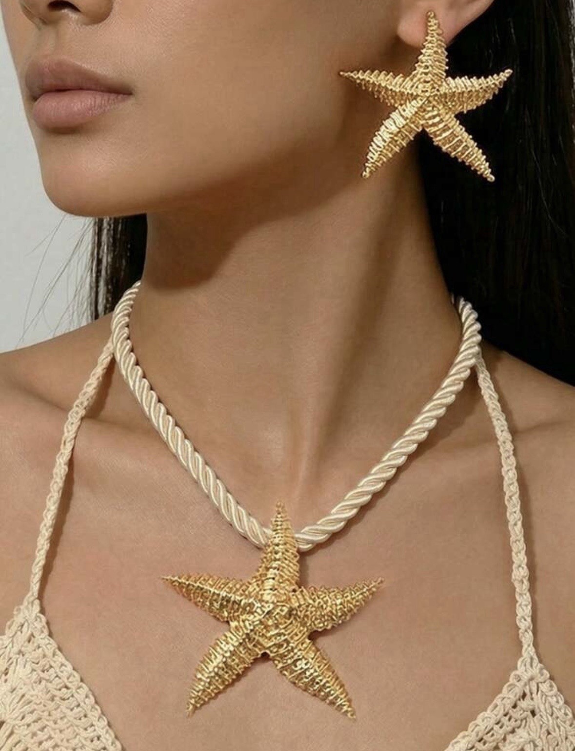 Necklace & Earrings Set | Gold Starfish & Coastal Rope Chain for Summer