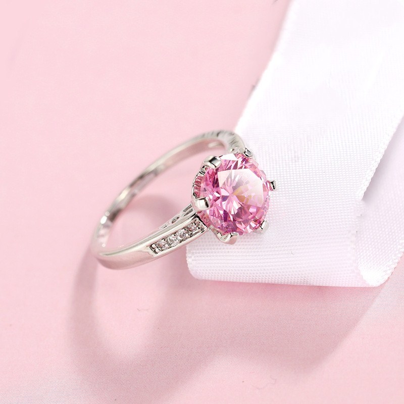 Pink/Black CZ 925 Sliver Bands Women’s 6-claws Wedding Engagement Ring Size 6-10