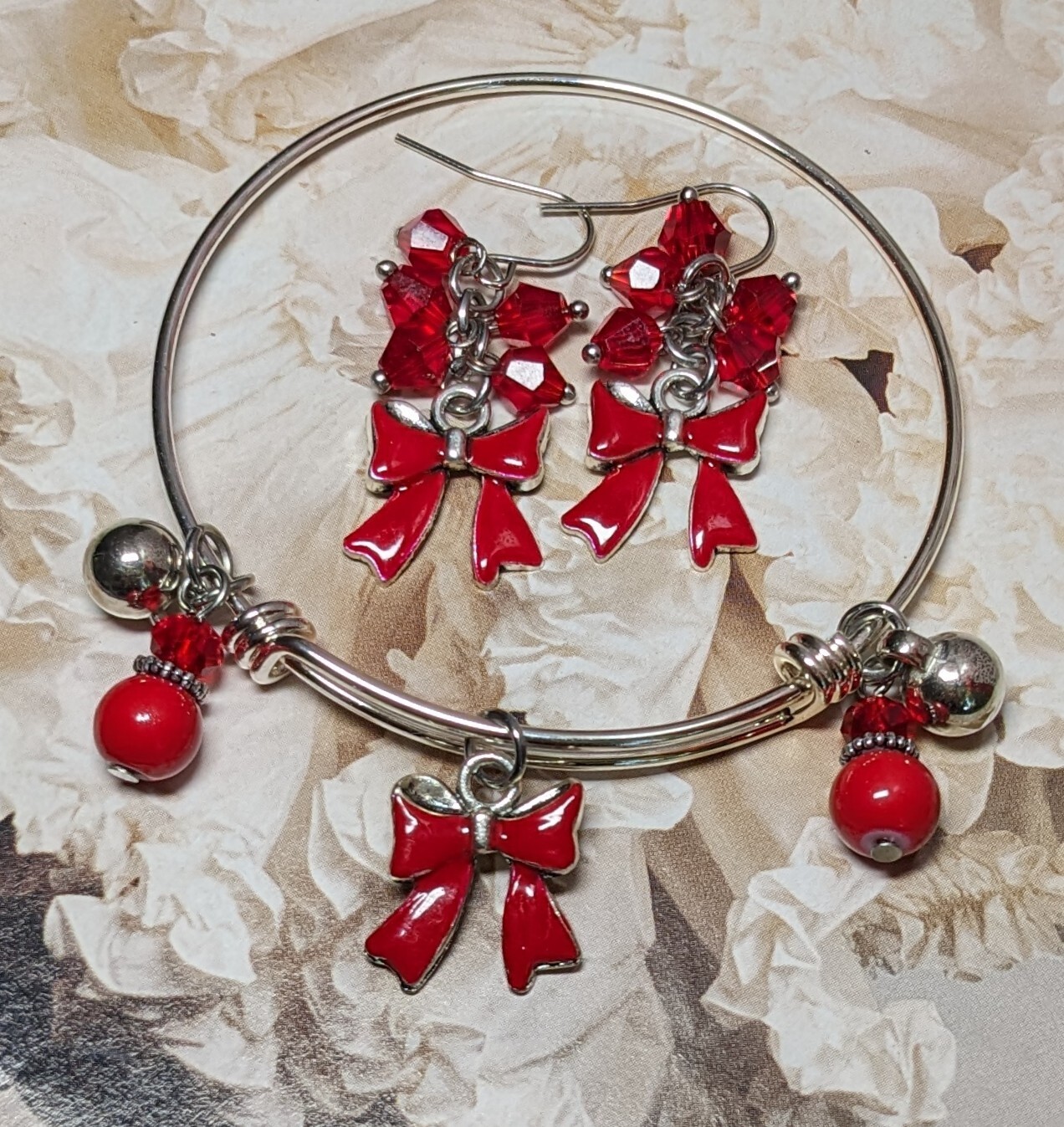Christmas Bracelet Bangle Earring set Red Bow Gift Teen Woman