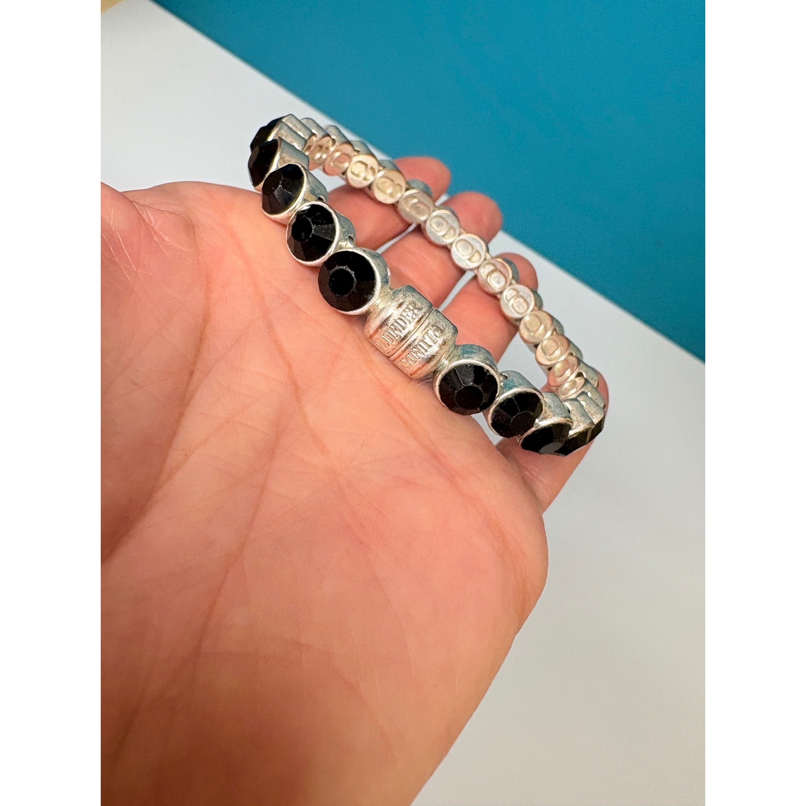 Plunder Design Black Crystal Magnetic Bracelet Antiqued Silver Tone 7.25 Inch