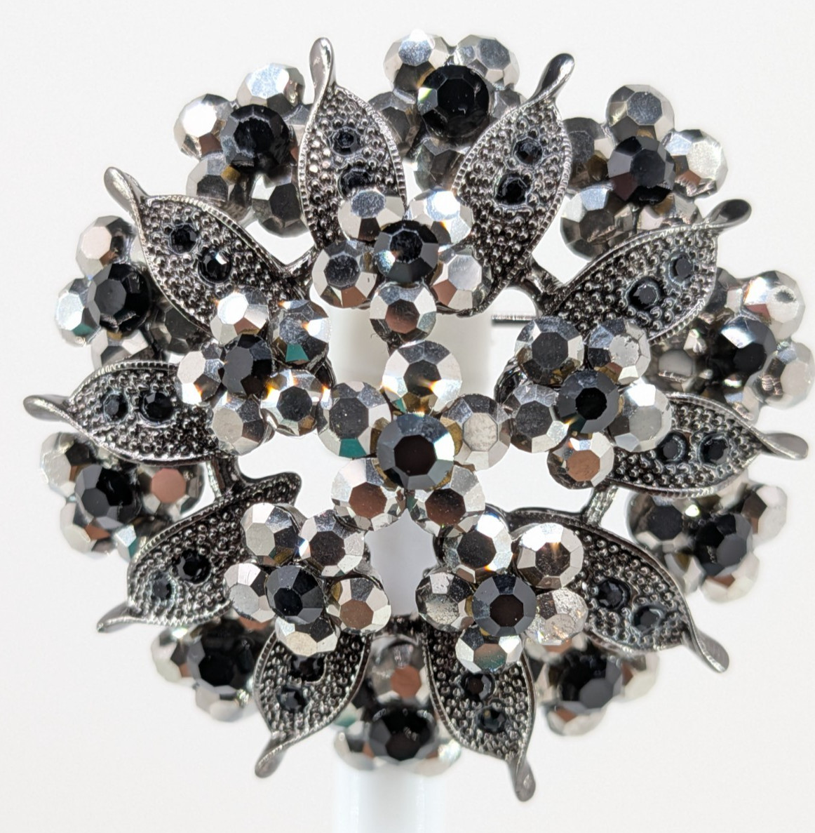 Vintage Gunmetal Rhinestone Flower Brooch Pin Hematite Crystal Dome 2in 30g