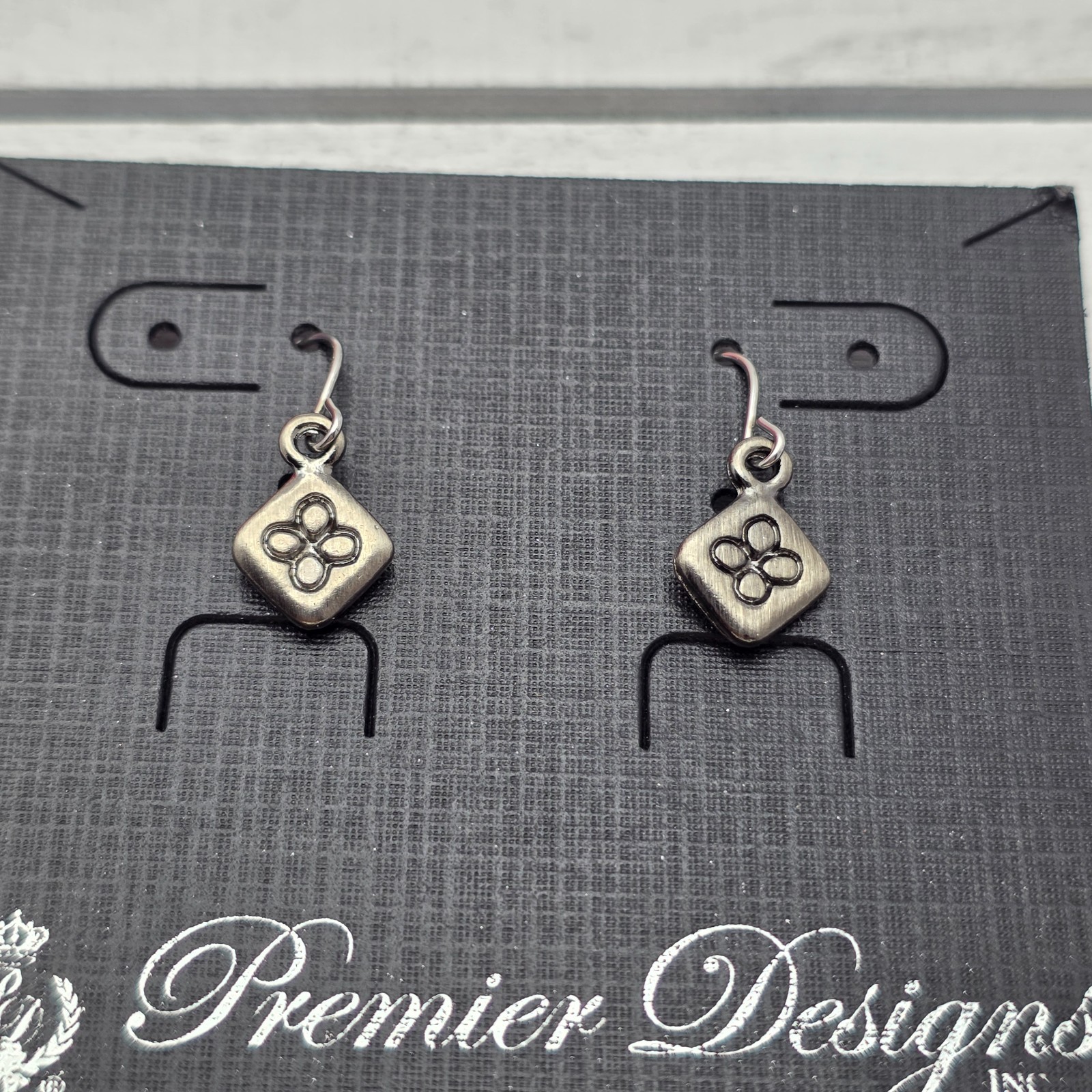 Premier Designs Silver Tone Clover Diamond Square Drop Earrings 8.7mm