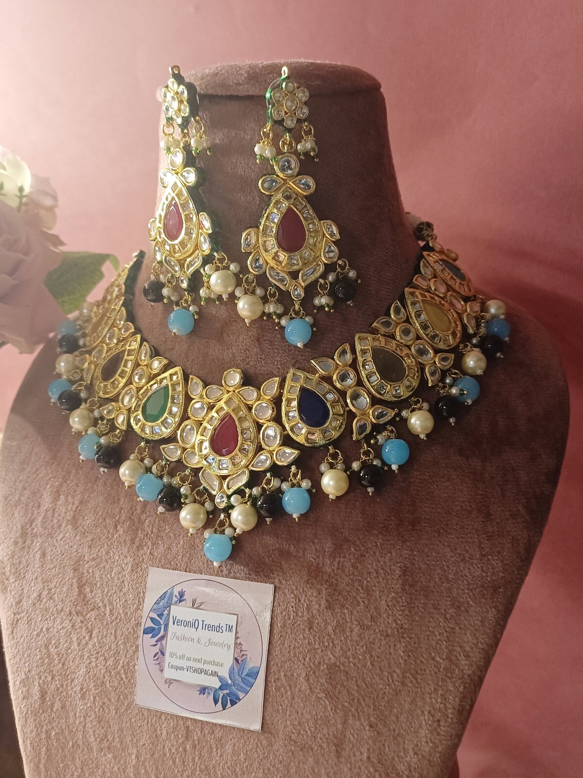 VeroniQ Trends-Elegant Gold Plated Navratan Kundan Necklace With Multicolour Bea