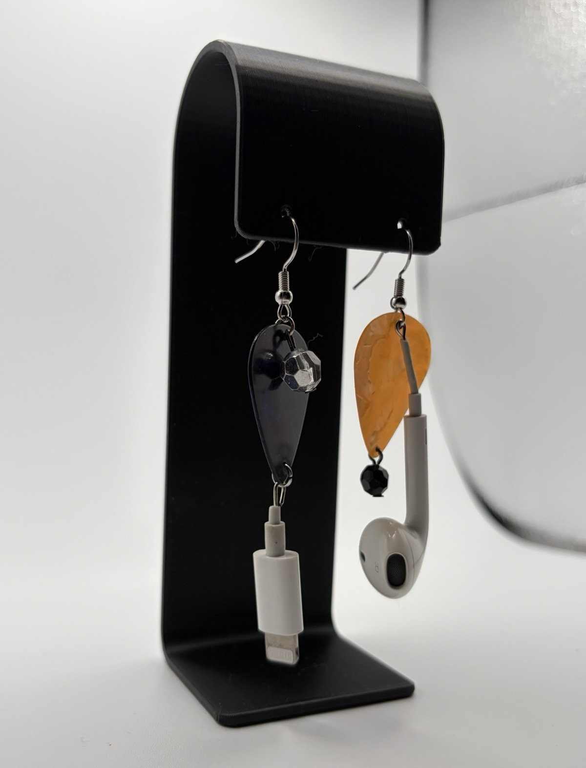 Guitar Pick Dangle Earrings w/ Earbud & USB Plug Charms, Plastic/Metal