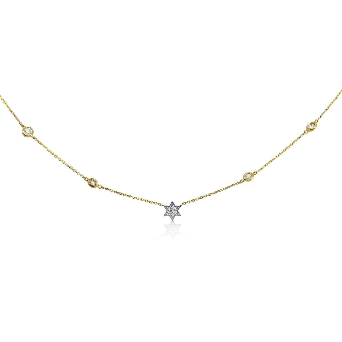 14K Gold Diamond Star of David Necklace .14ct 14-16″ Chain Bezel Set