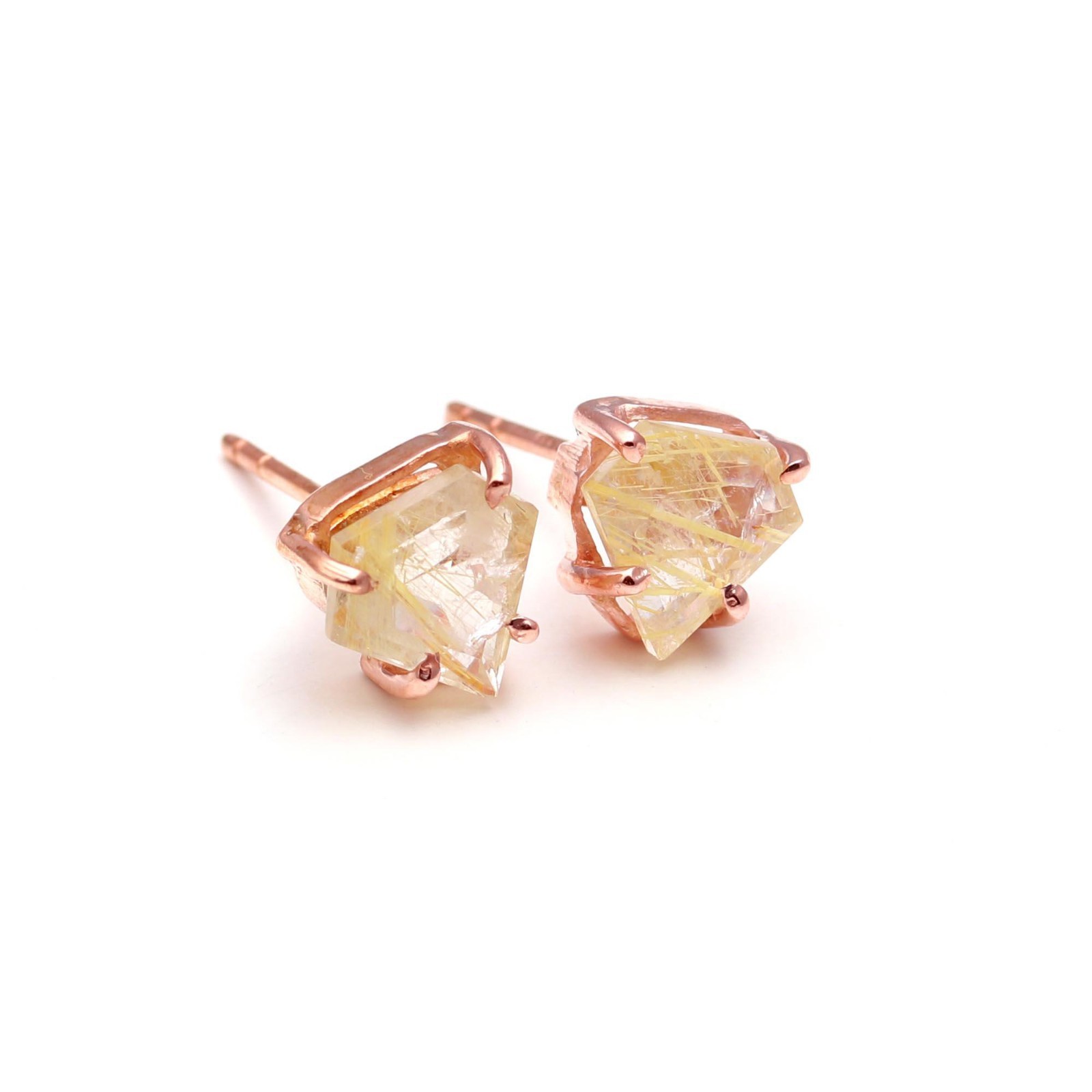 Natural Golden Rutile Shield Stud Earrings Rose Gold Filled Solid Silver Jewelry