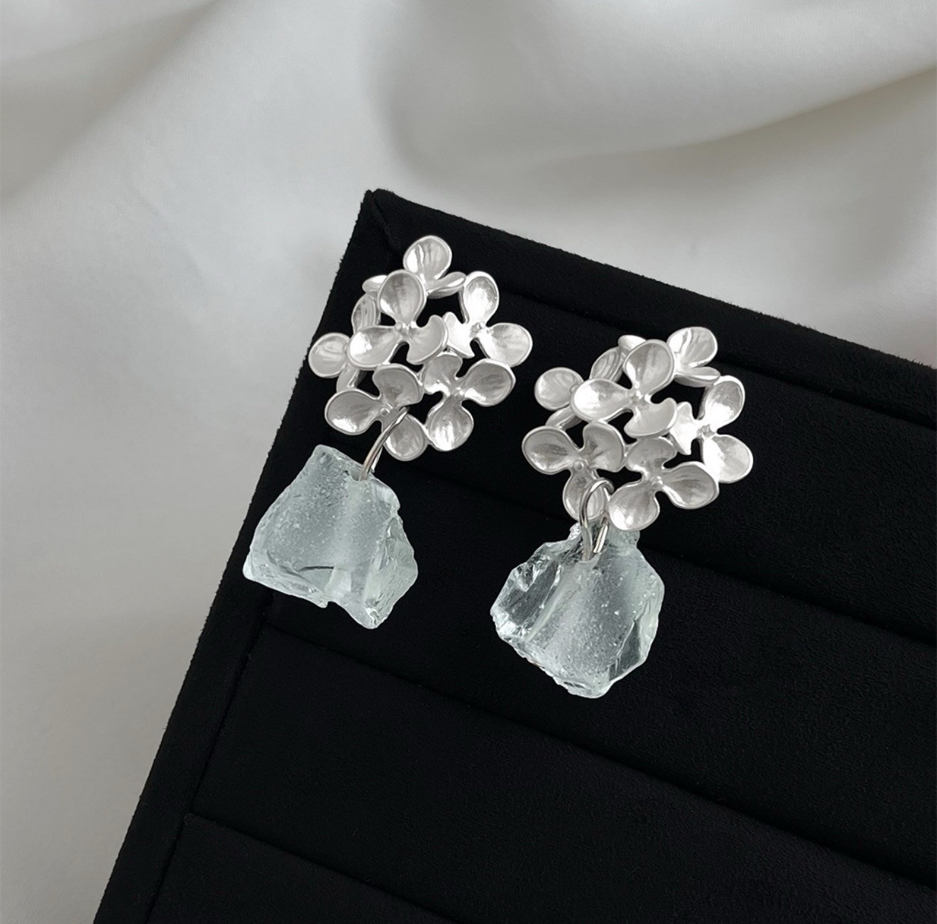 Handmade Floral Dangle Earrings Natural Aquamarine Rough 925 Silver Posts Only