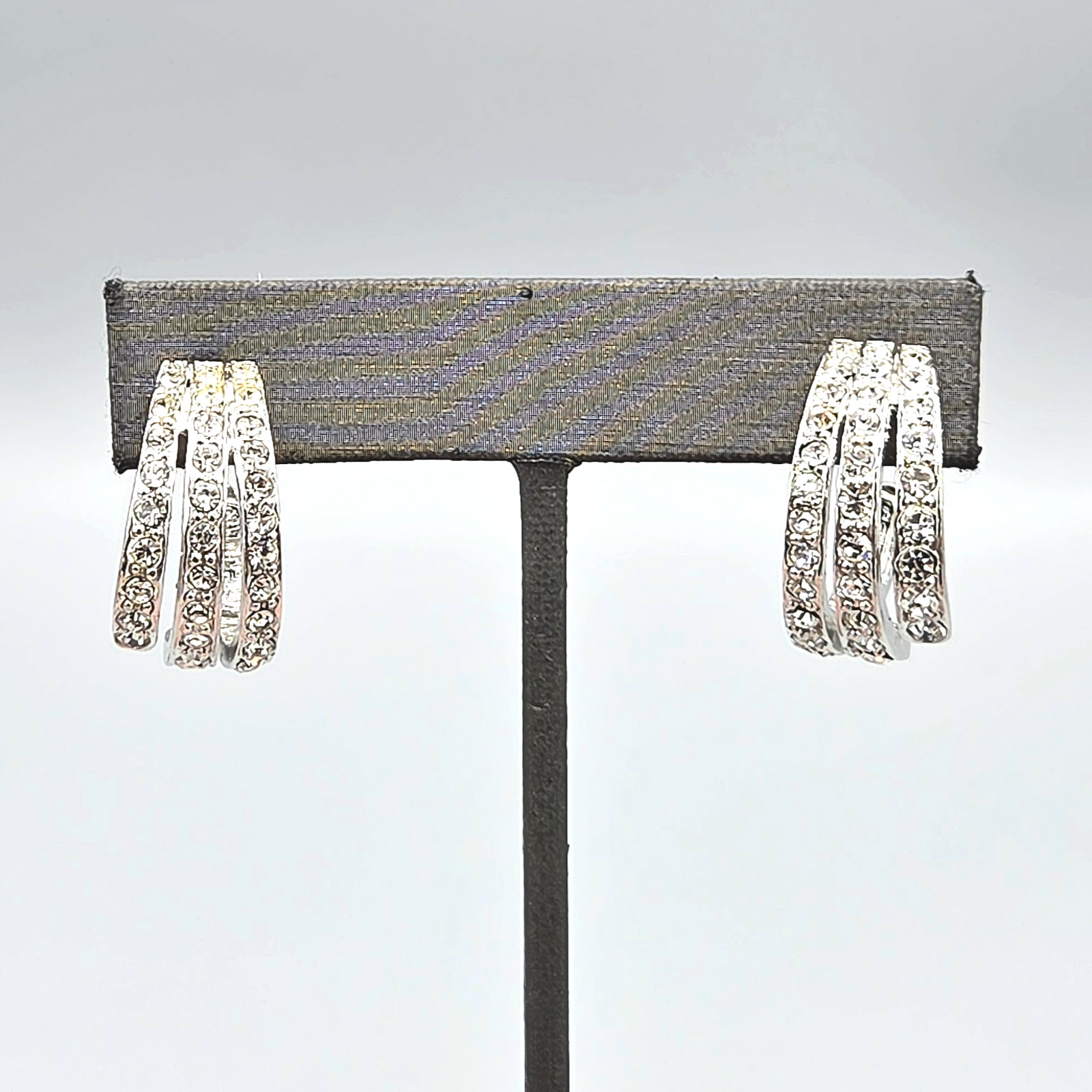 St. John Crystal Pave Rhodium Plate Triple Huggie Hoop Post Earrings