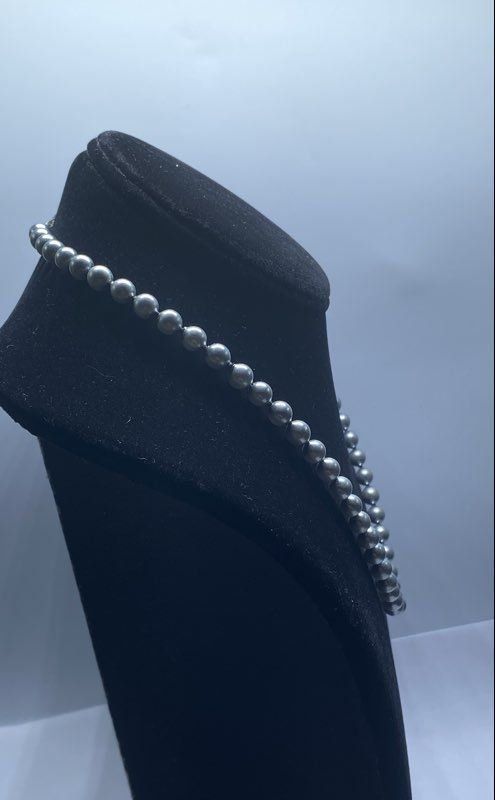 Sterling Silver 925 Blue Grey Faux Pearl Strand Necklace 18.5″ 6.2mm 21.6g