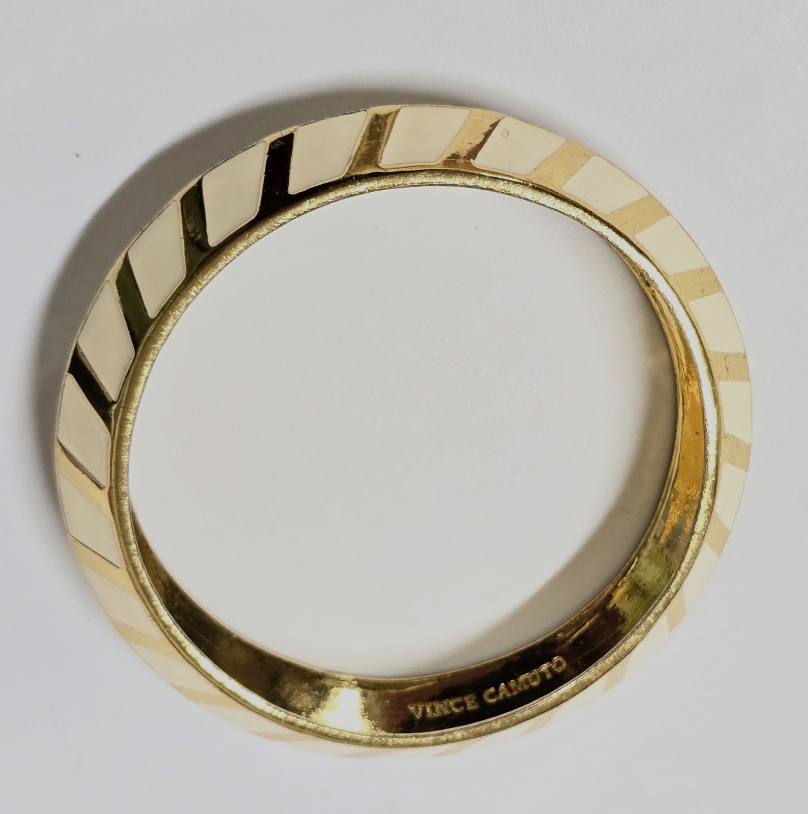 Vince Camuto Gold Tone Ivory Enamel Round Signed Bangle Bracelet