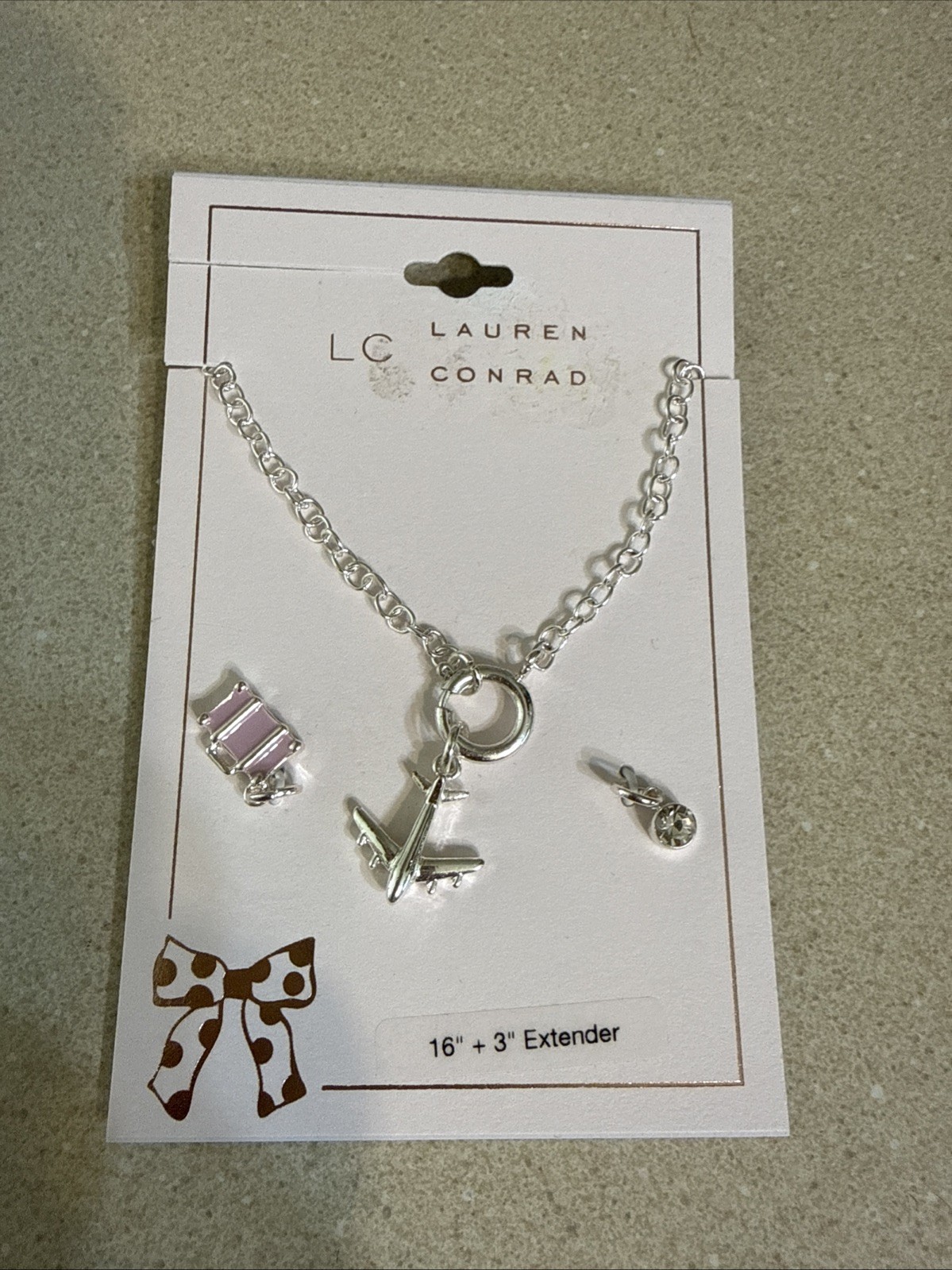 NEW NWT Lauren Conrad silver Tone Airplane Charm Necklace 16″ w/suitcase & gem