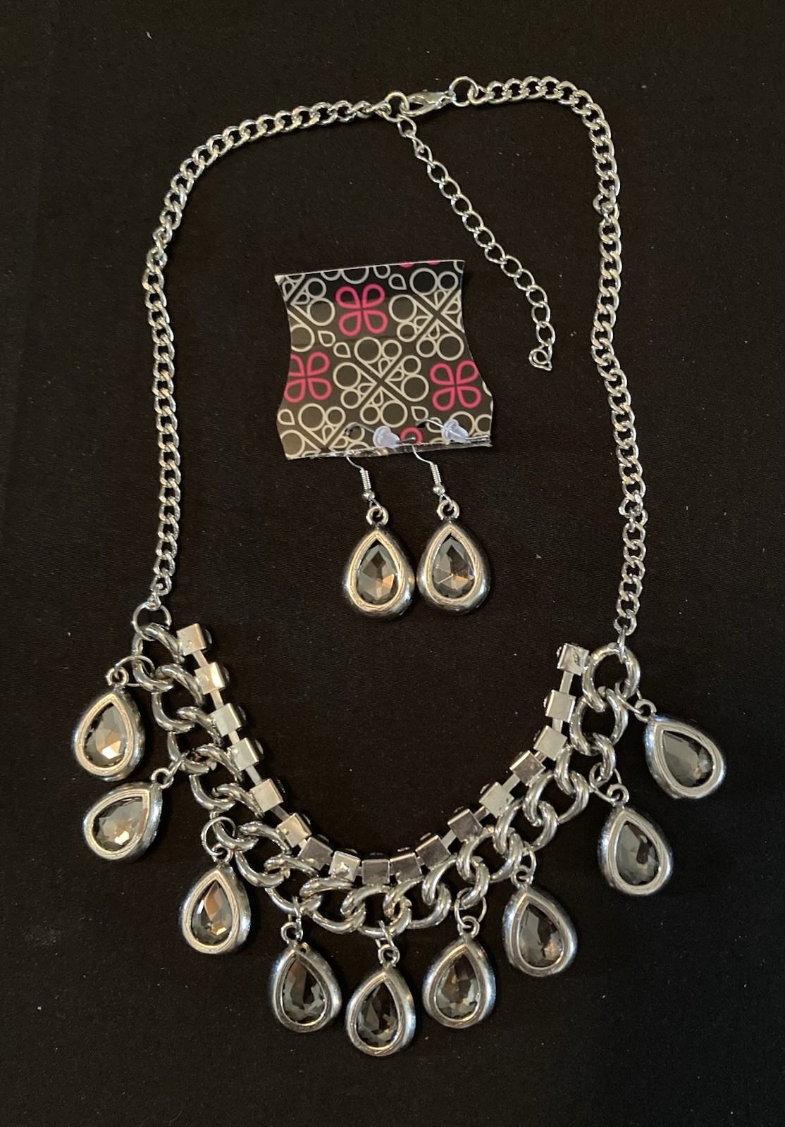 Silver Tone Teardrop Black Crystal Dangle Necklace & Earrings Jewelry Set