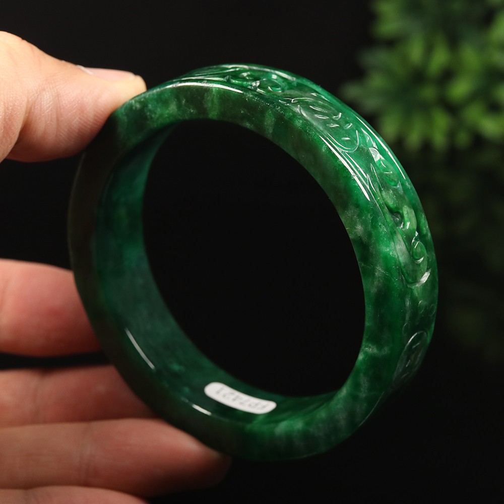 59mm Emerald Green Jadeite Jade Bangle Bracelet Ruyi Coin Burma Jade A-14895