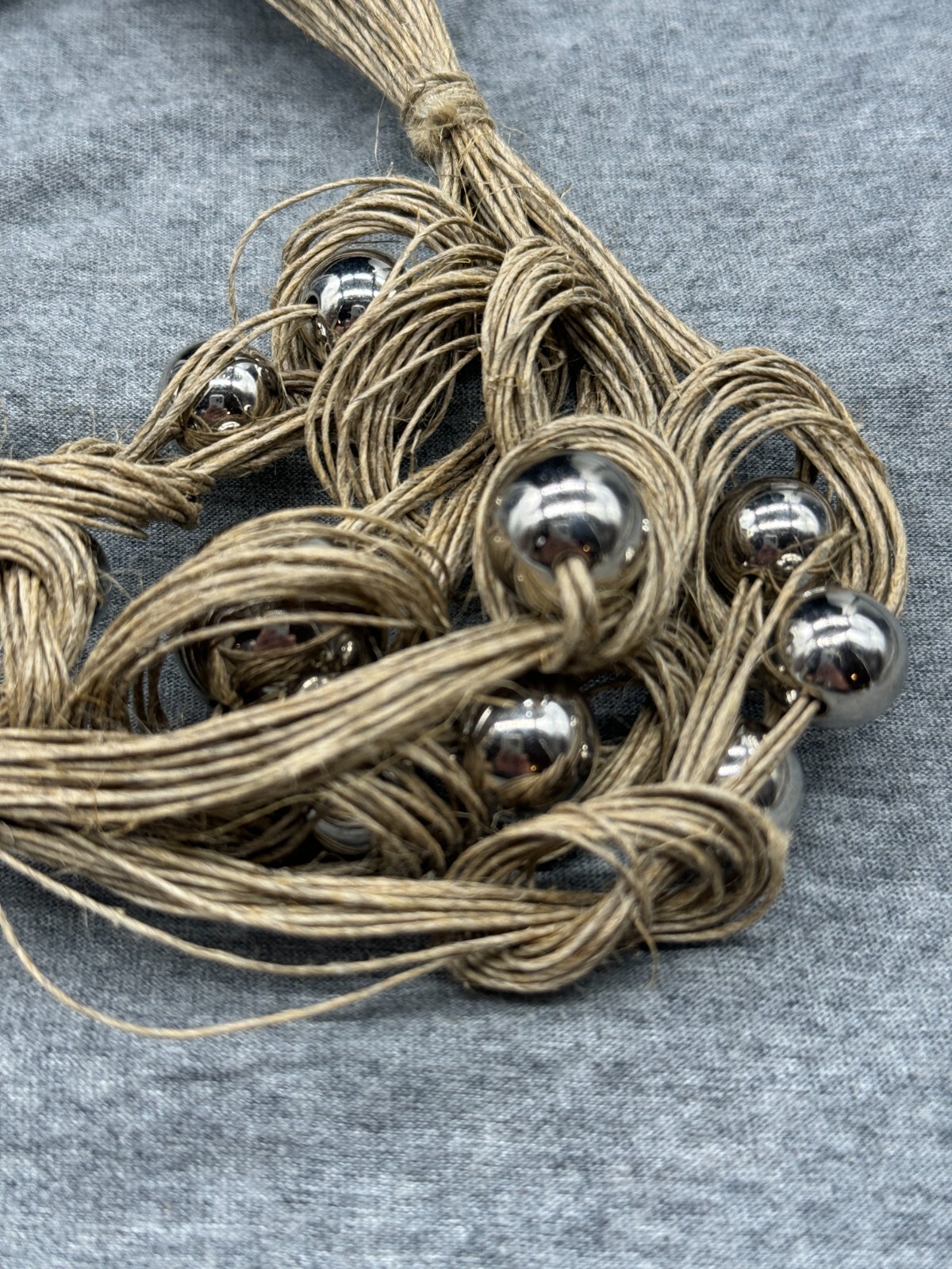 Birds Nest Necklace Beige Stranded Interwoven Silver Tone Beads 22″ Chain Close