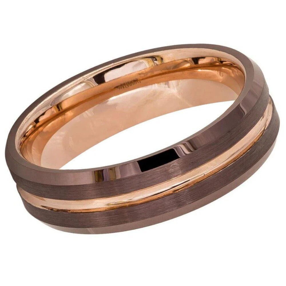Beveled Edge Brushed Brown IP Tungsten Ring – 6mm