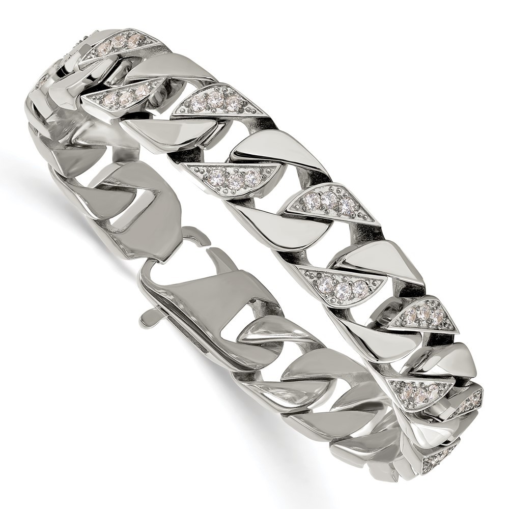 Stainless Steel Polished with CZ 8.5 inch Curb Link Bracelet