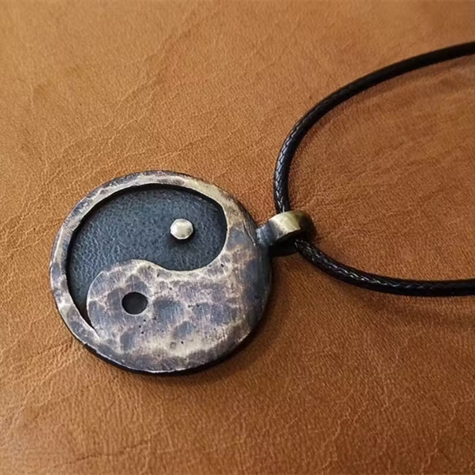 Ying Yang Charm Pendant Necklace Round Tai Chi Boho Chinese Amulet 2-Tone Vintge