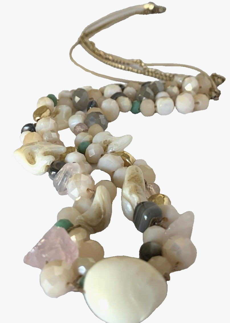 Mixed Metal Necklace Stone Shell & Acrylic Beaded Gold Tone Chain