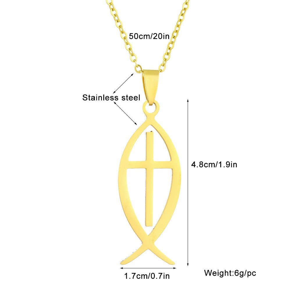 Stainless steel Christian Faith Symbol Fish Hollow Cross Pendant Necklace Gift