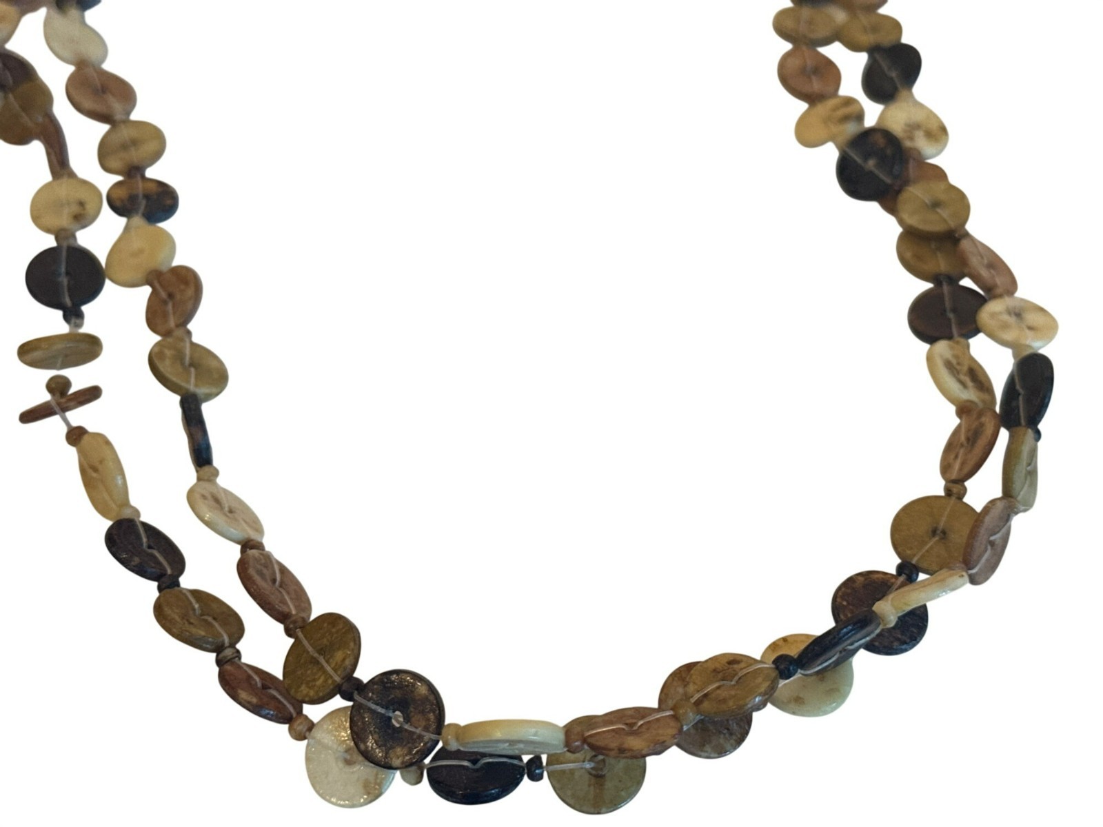 Button Necklace Natural Brown Shell Beaded Long Layered Strand Earthy Hippie