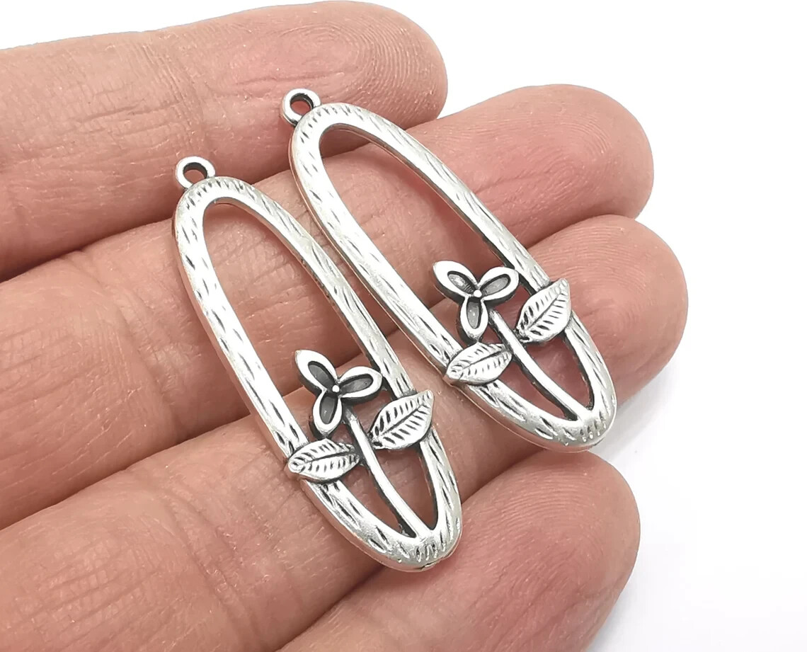 2 Pieces Flower Leaf Oval Charms Antique Silver Plated jewelry Accessories
