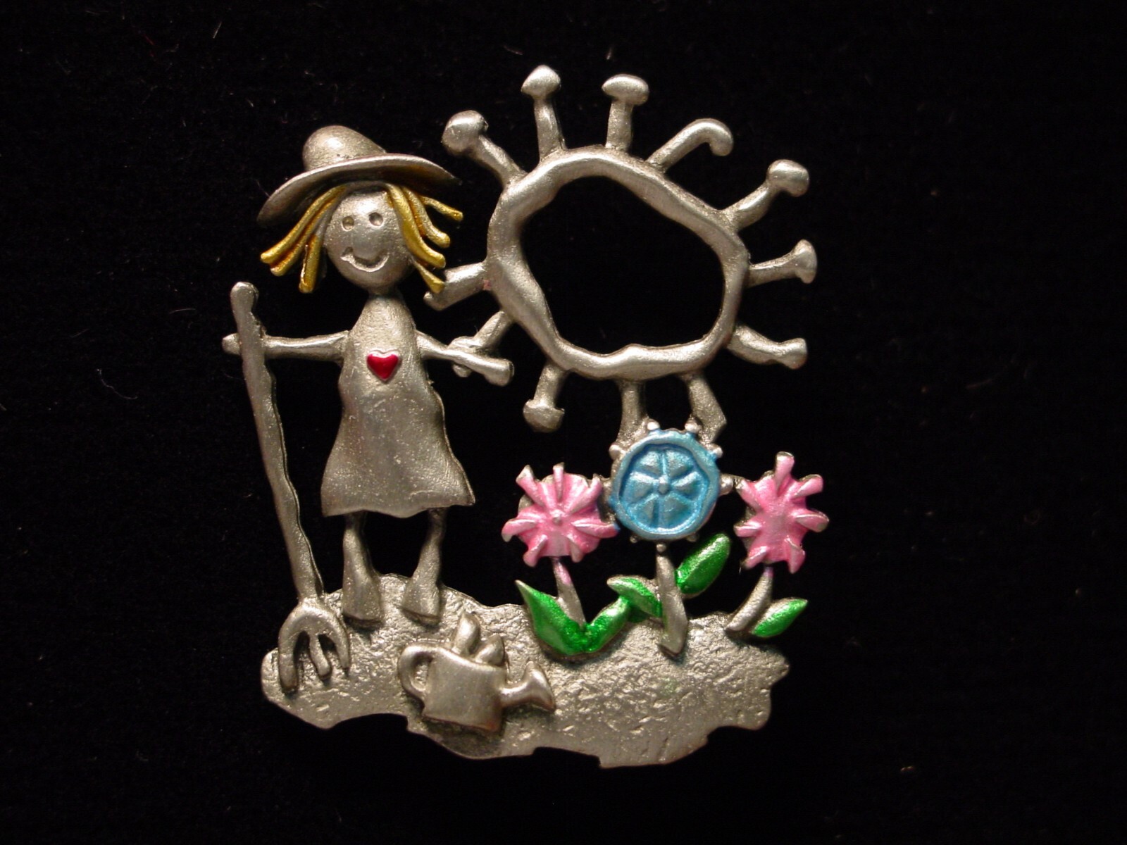 “JJ” Jonette Jewelry Silver Pewter ‘Girl GARDENING ~ Big Sun’ Pin