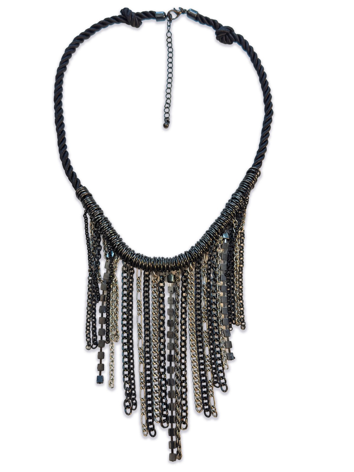 Tassel Fringe Chain Metal and Rhinestone Mix Rope Cord Statement Necklace