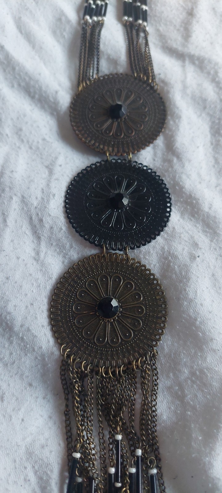 Vintage Gold Black Filigree Disc Medallion Tassel Boho Dreamcatcher Necklace XL