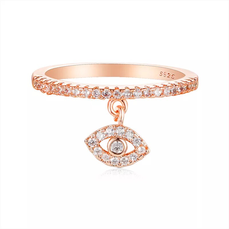 ZARD Eye Dangle Charm Band Ring with Cubic Zirconia Accent 14K Rose Gold Plate