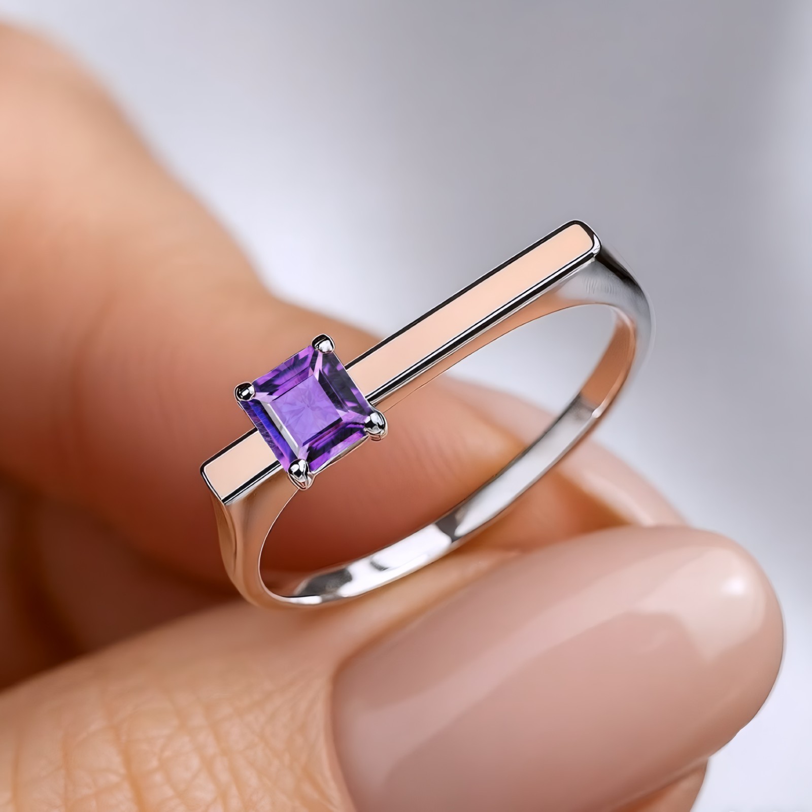 Square Cut Natural Amethyst Ring 925 Sterling Silver Minimalist Promise Ring
