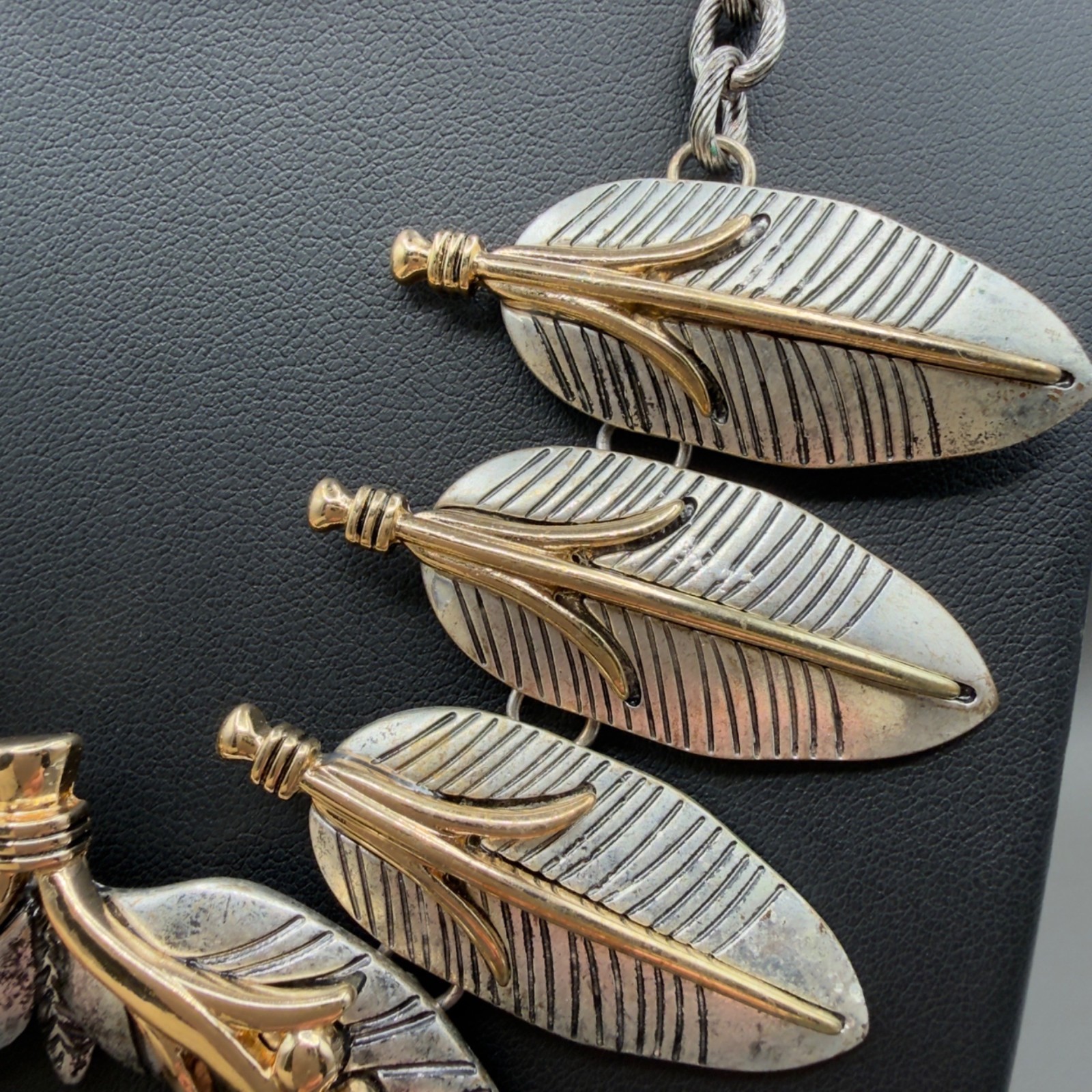 Mixed Metal Feather Boho Statement Necklace Earring Set Southwestern Chunky