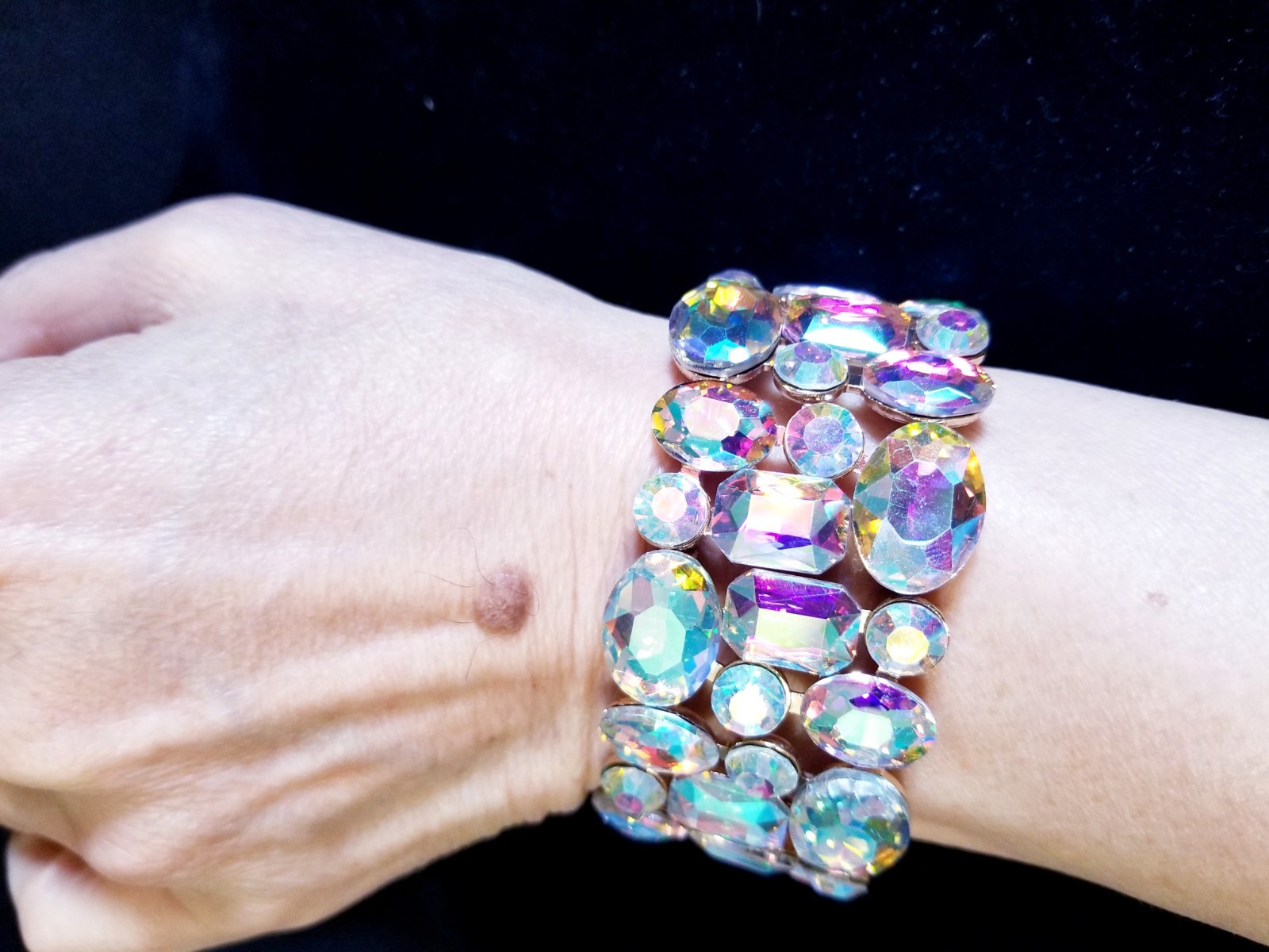 Iridescent Gold Rhinestone Stretch Bracelet Statement Drag Pageant Prom Bridal