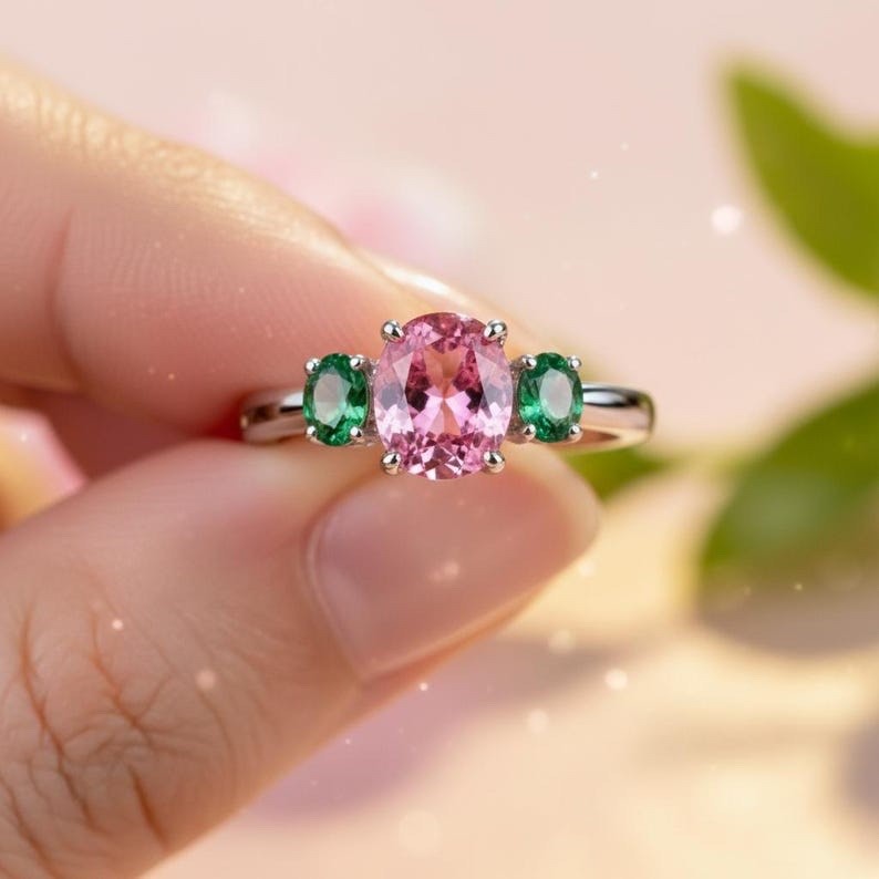 Pink And Green Sapphire Ring 925 Sterling Silver Women’s Ring Gift For Her.