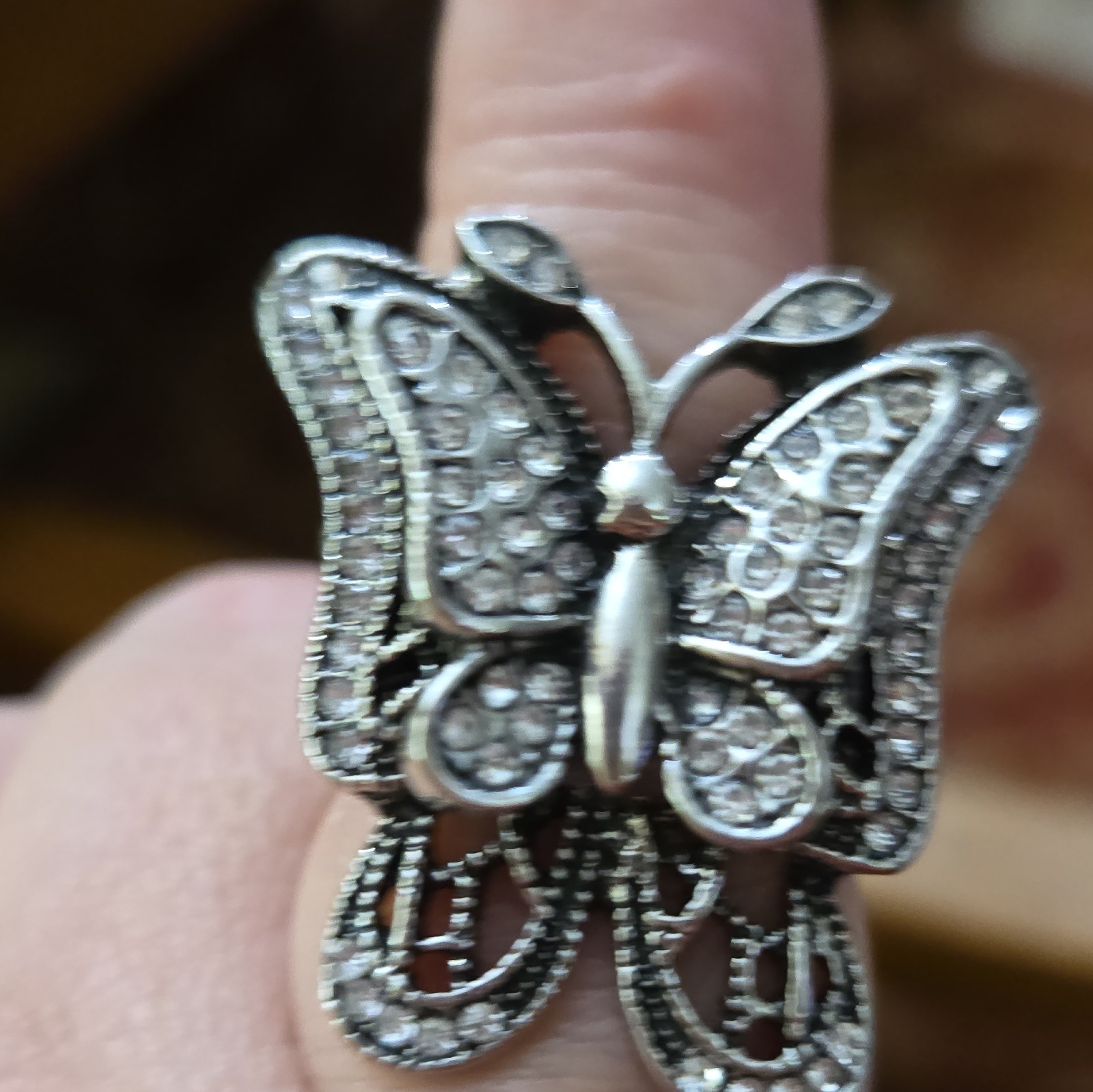 Silver Tone Butterfly Cluster Cocktail Ring Clear Rhinestones Size 7 Adjustable