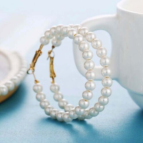 Pretty New Fashion Jewelry Yellow Gold Plated White Pearl 2″ Round Hoop Earrings