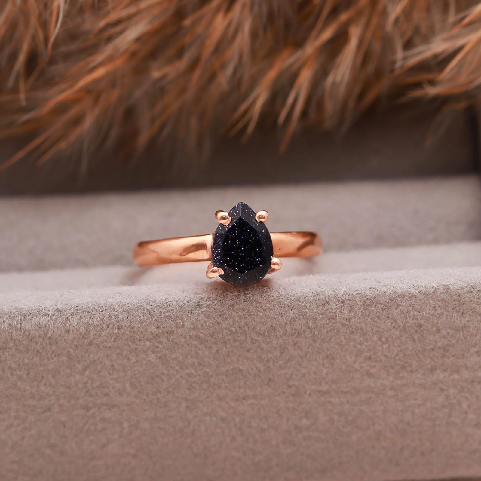 Natural Sandstone Pear Ring Rose Gold Plated 925 Sterling Silver Vintage Jewelry