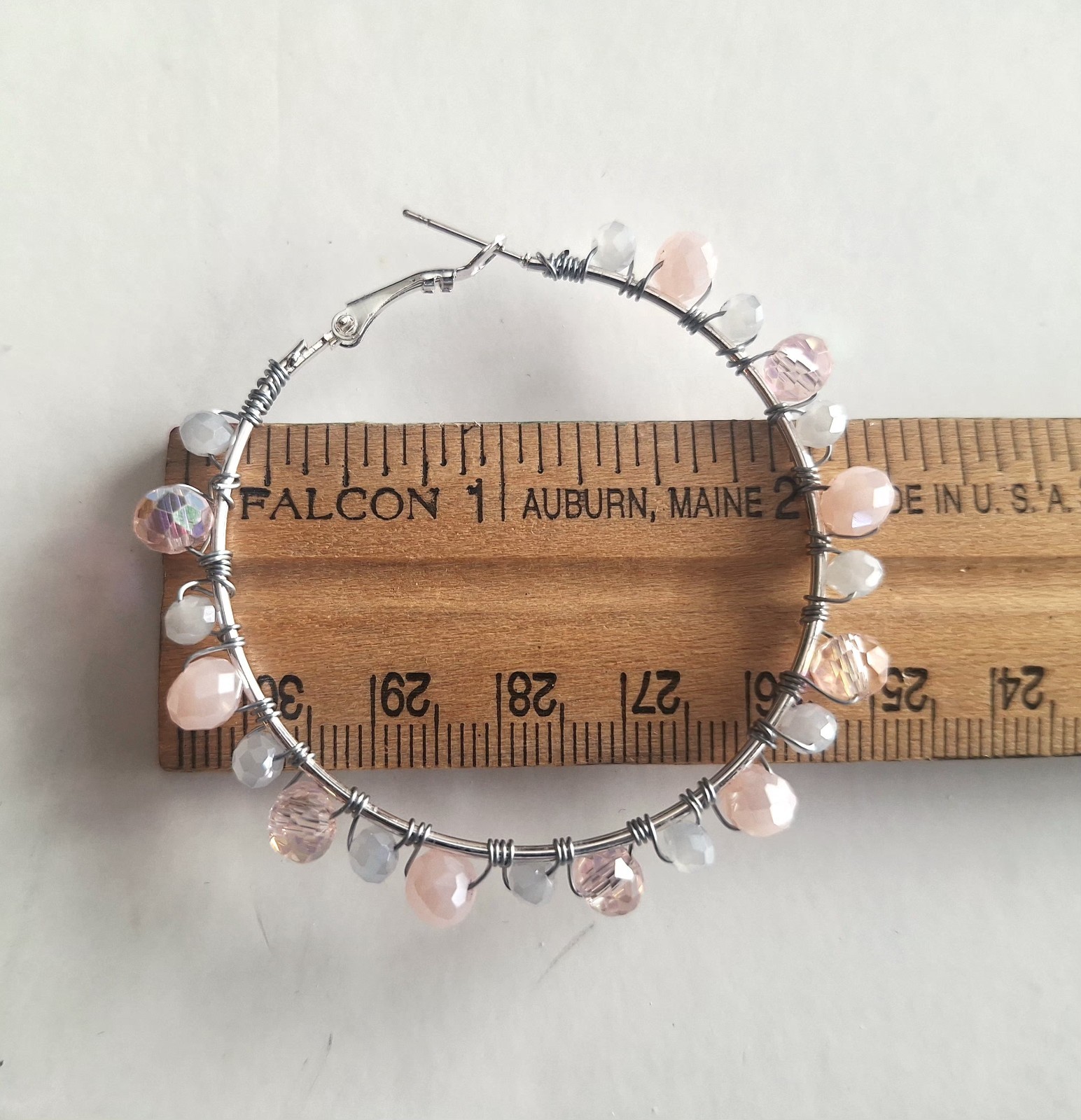 Large Handmade Silver-tone hoop earrings Pink and gray iridescent beads Boho