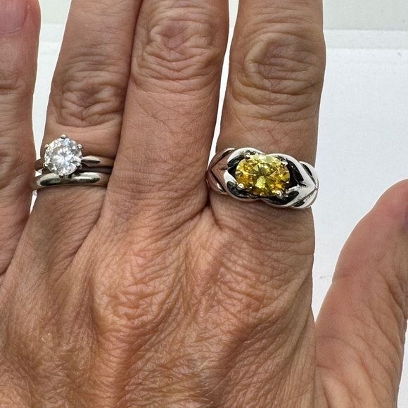Sterling Silver Diamonique Oval Yellow CZ Ring size 8 Ribbed Sides .925 Vintage