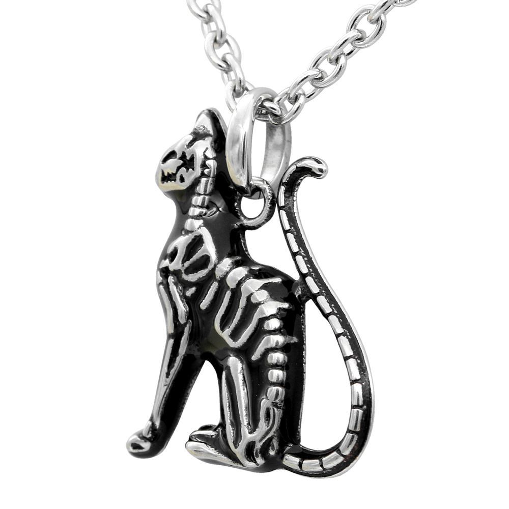 Mini Black Cat Skeleton Necklace Feral Bones Pendant Stainless Steel By Controse
