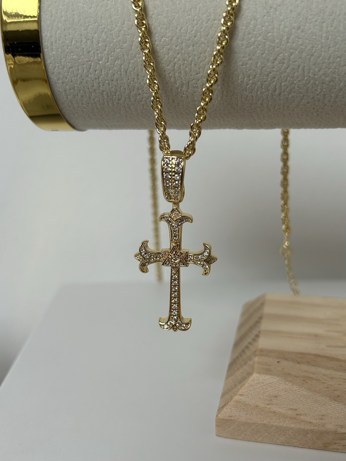 18K Gold XP Cross Necklace – Iced CZ Stones – 55cm Elegant Rope Chain (22’)