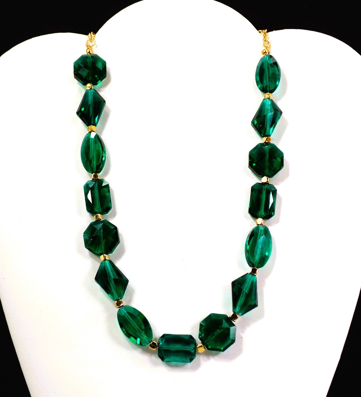Green glass bead necklace with mixed glass beads shapes and small gold beads New