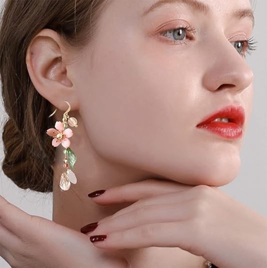Pink Flower Dangle Earrings for Women Cute Asymmetry Small to Medium, gold