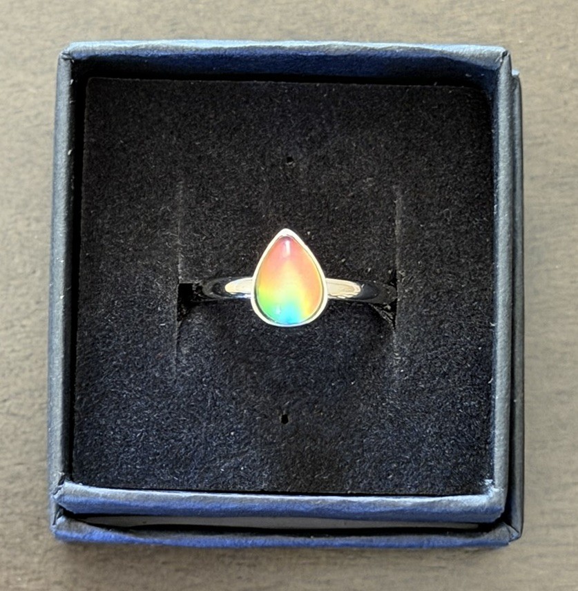 Teardrop Stone Pear Shape Bezel Stainless Steel Silver Mood Ring Size 12
