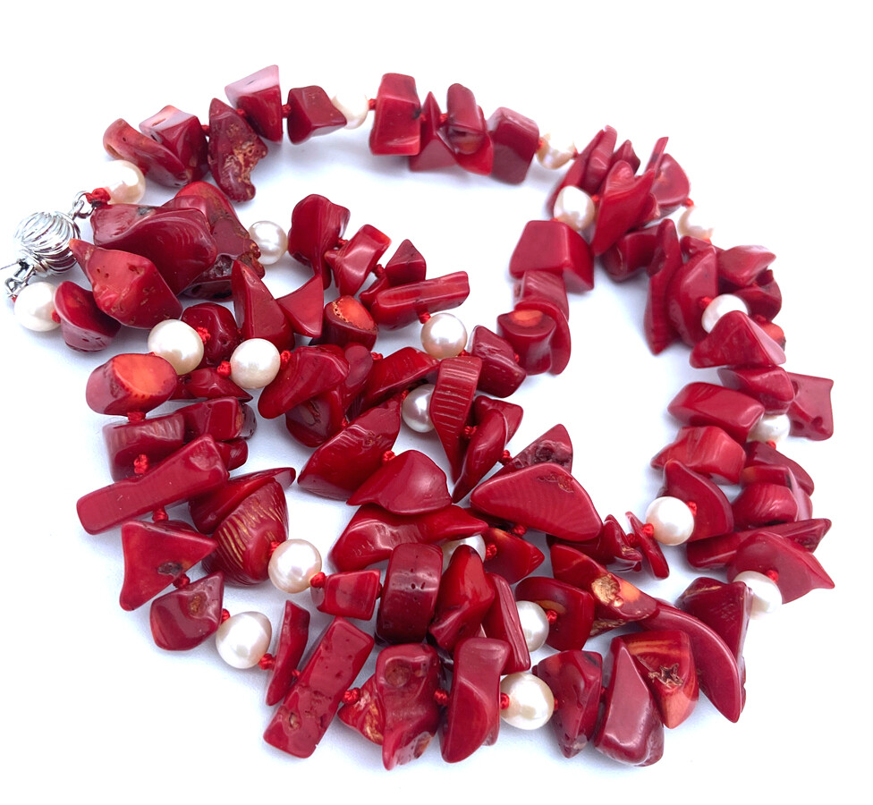 Red Nature Coral Gemstone & white pearl Chips Strand/String Necklaces 16-50“