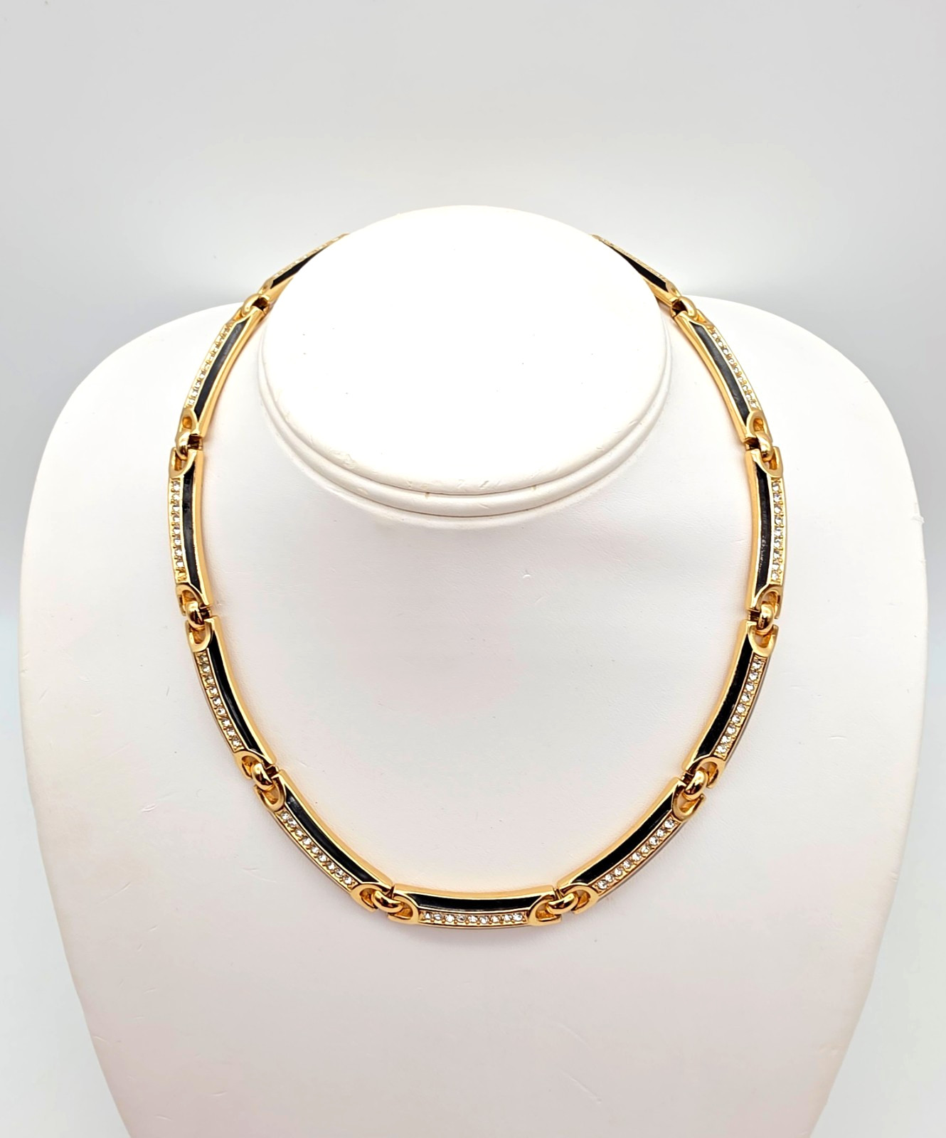 CHRISTIAN DIOR DESIGNER SIGNED 16-17″ NECKLACE W/CRYSTALS & BLACK ENAMEL ACCENTS